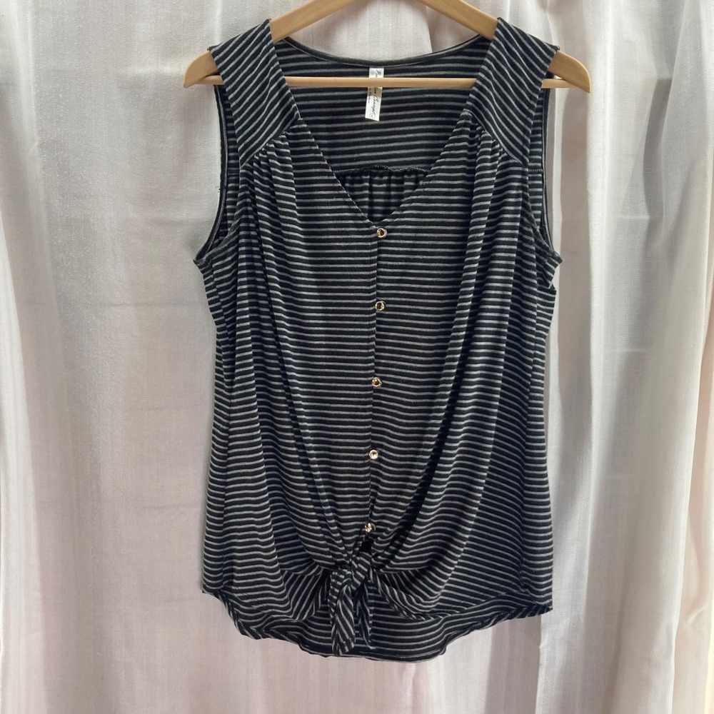 Per Seption Concept Striped Button Front Tie Waist Sleeveless Top Women's Size L